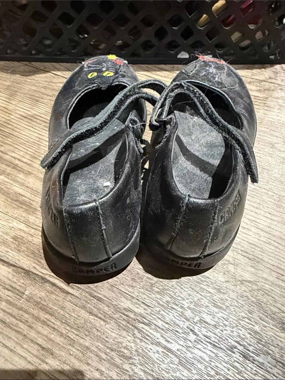 Camper Kids Black Mary Jane Shoes with Cat Embroidery